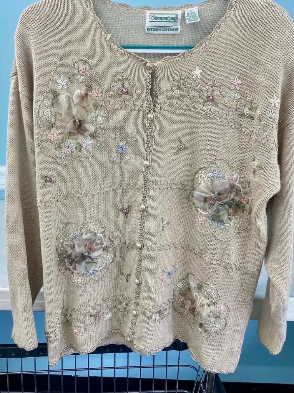 M L Beige Shenanigans Vintage Knit Cardigan Sweater 90s Cotton Ramie
